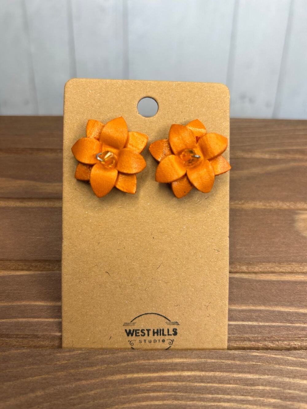 Genuine Leather Flower Earrings Orange Pansy Post Earrings NEW!  FAST SHIP